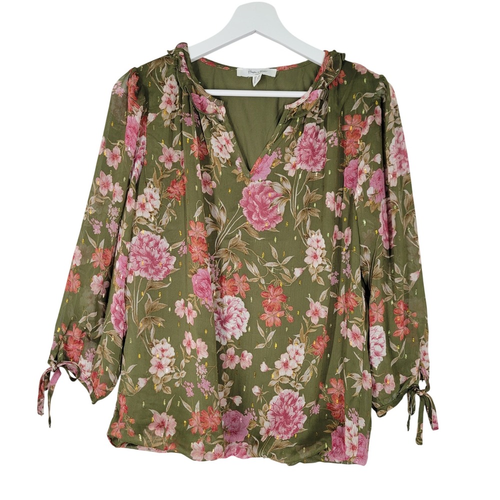 Haver + Blair Floral Blouse Womens Small Olive Green Gold Lurex Tie Sleeve Top